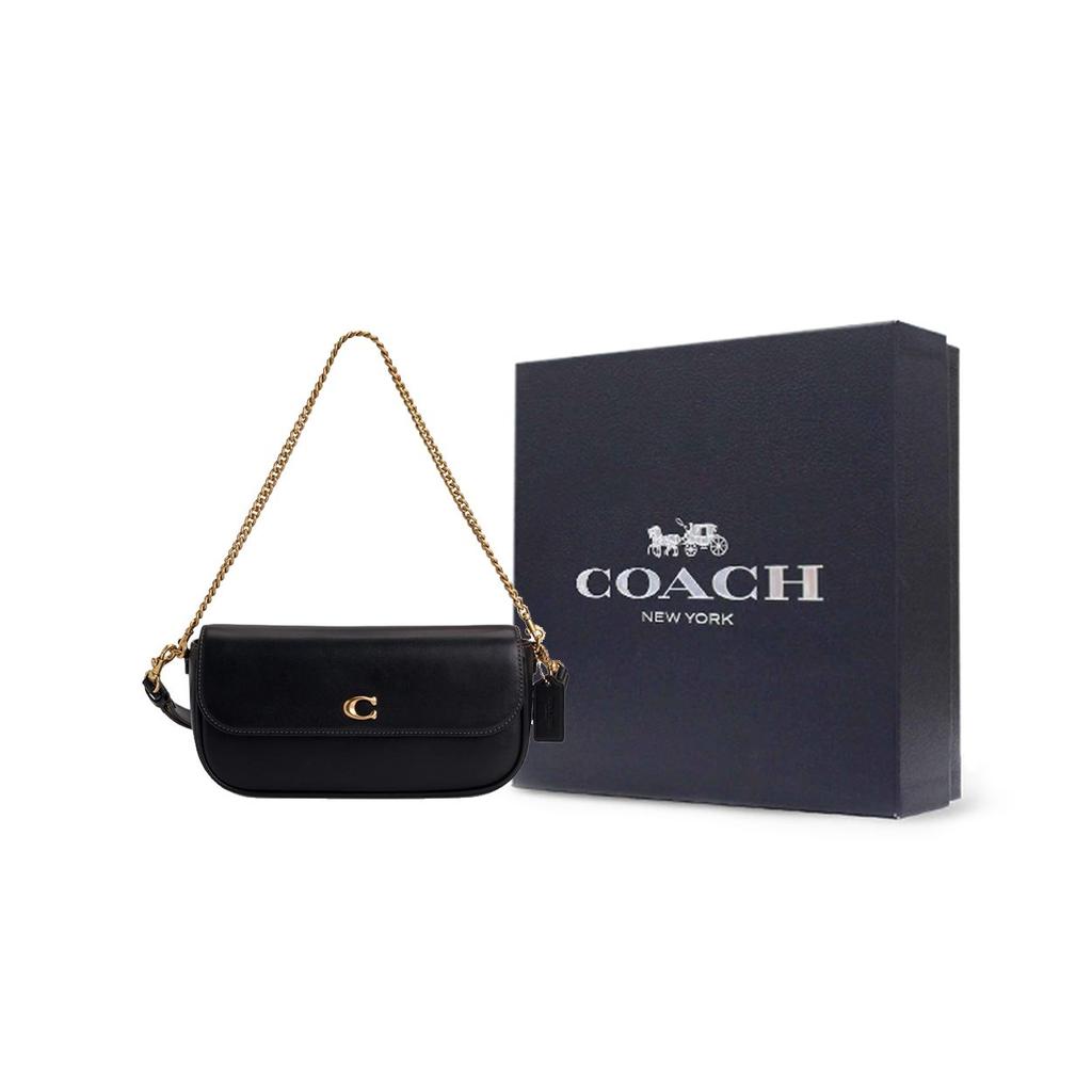 Coach Сумка Brook Flap 24 Металлический логотип Съемный плечевой ремень Кожаная сумка через плечо Средний размер Женская сумка через плечо Черный CAN90-B4BK