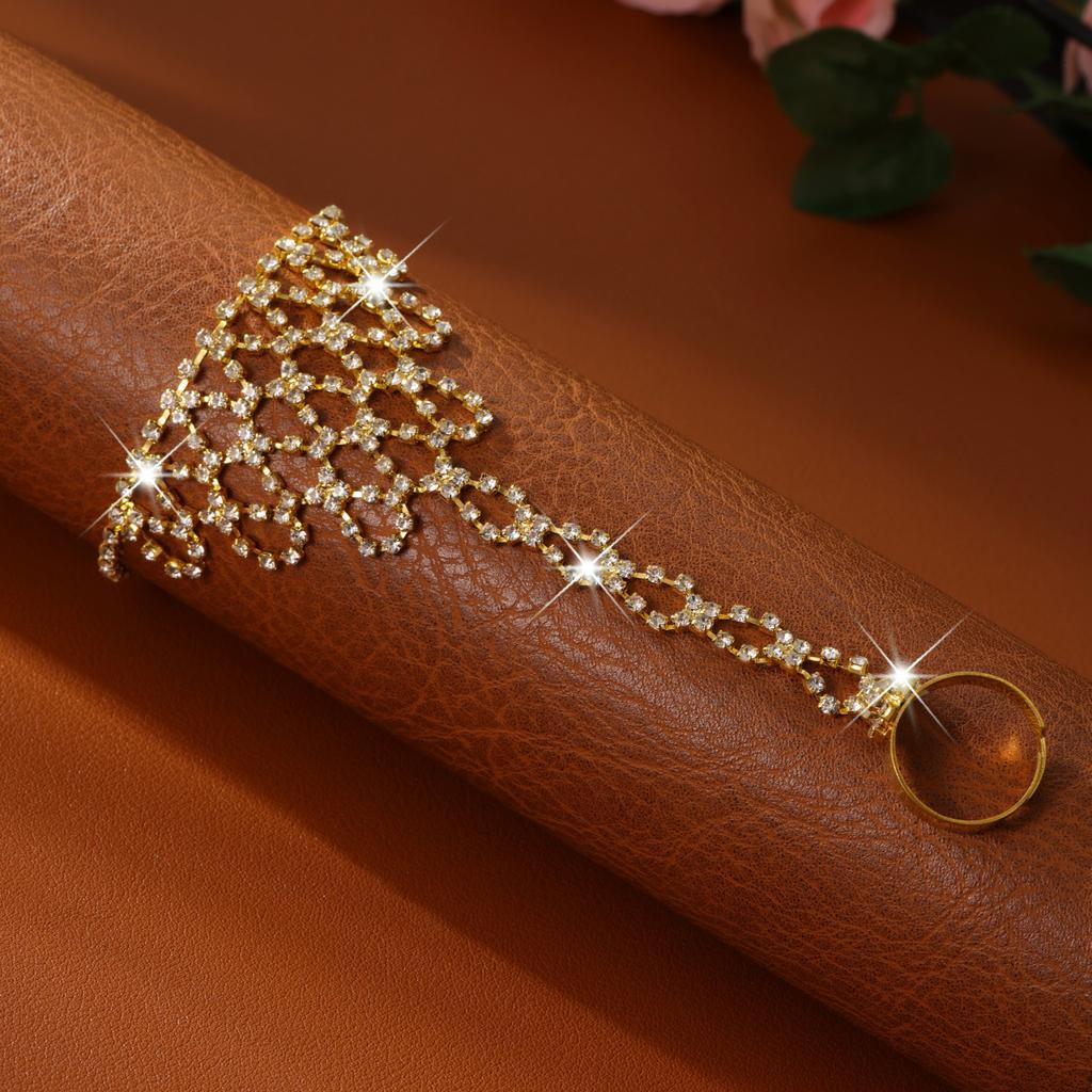 Diamond Bracelet, Ring Integrated Chain, Latin Dance Hand Back Chain, Trendy Girl Mixed and Matched Bracelet.