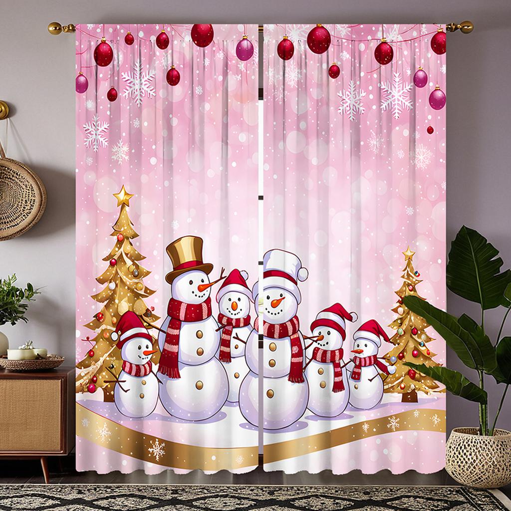 2pcs Set HD Christmas Six Snow Man Decorative Curtains Pink Tie Digital Printed Curtains Home Decoration Style Decorated Livi
