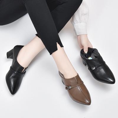 Модные остроносые туфли-лодочки весна новая простая толстая подошва первый слой коровья кожа одна педаль два способа носки глубокий высокий каблук женская обувь