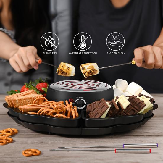 Электрическая 2-в-1 миска для фондю, беспламенный нагреватель с 3-мя регуляторами температуры, набор для приготовления мюсли с палочками для жарки маршмеллоу, настольный комплект для использования в помещении