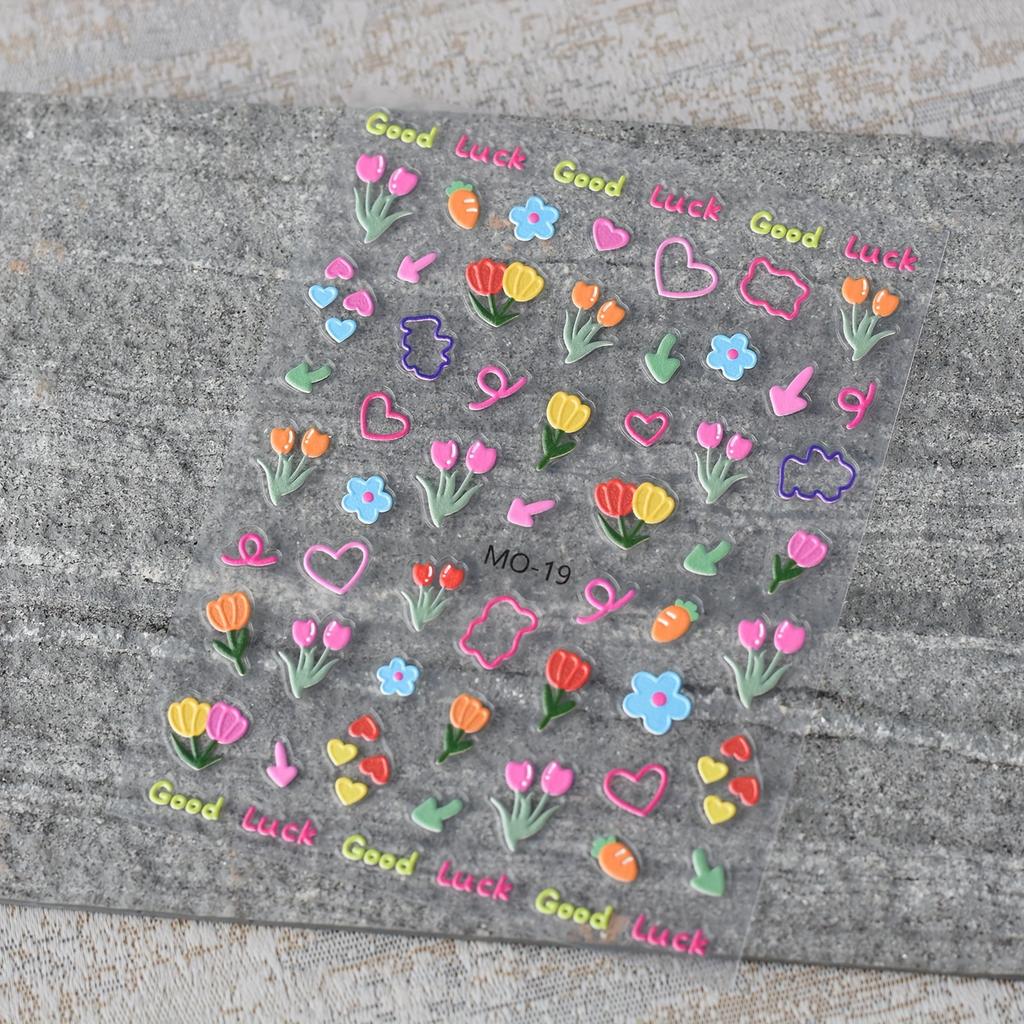 1 шт. 3D тисненые наклейки для дизайна ногтей с цветами - Мультяшные милые самоклеящиеся глянцевые наклейки для ногтей с яркими цветочными узорами, сердечками и звездами для DIY маникюра