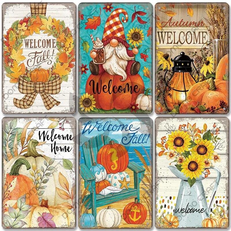 Приветственный плакат, металлическая пластина, винтажная тыква, подсолнух, птица, металлические жестяные знаки, настенный декор, садовая дверь, кафе, вечеринка