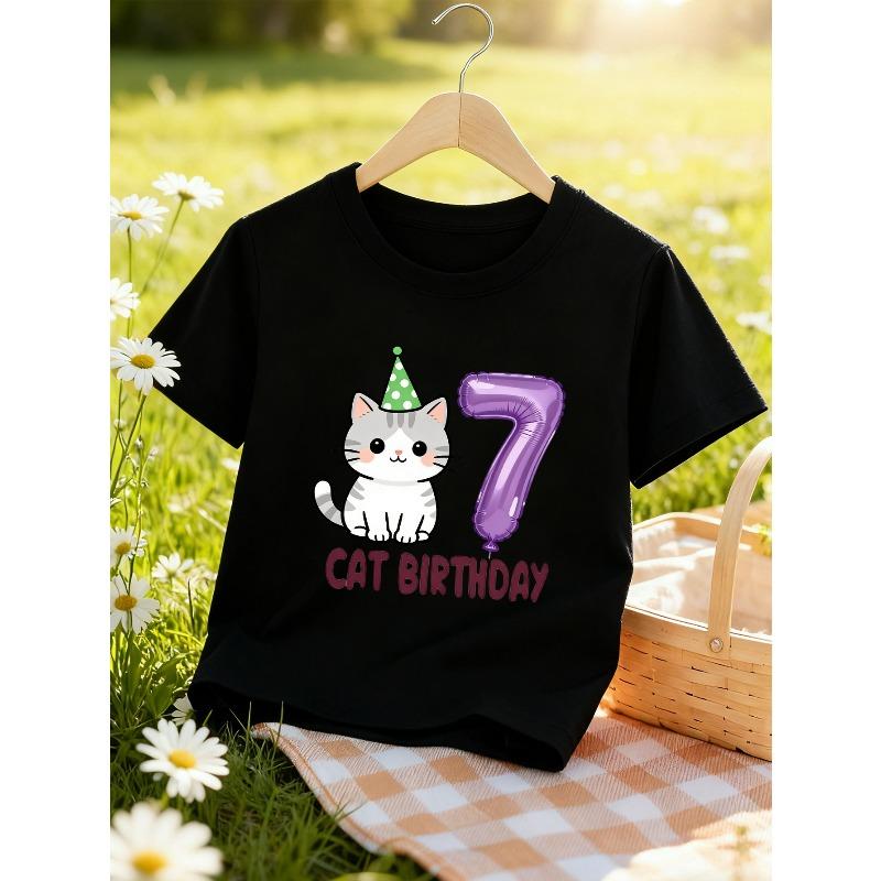 European sizes Girls' Casual T-Shirt for Spring And Summer with a "CAT BIRTHDAY" Cat Print And Short Sleeves for Birthday Celebrations
