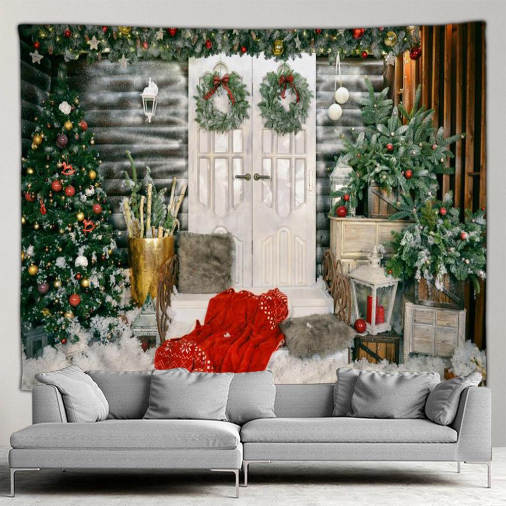 Рождественский камин, большой гобелен, рождественская елка, снеговик, мультяшный кот, ночь, звездное небо, настенное одеяло, фреска