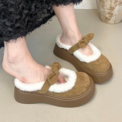 Пушистые женские балетки на платформе, тапочки с бантом, модная замшевая зимняя обувь, удобные повседневные туфли-слингбэки, новинка 2025, Zapatillas Mujer
