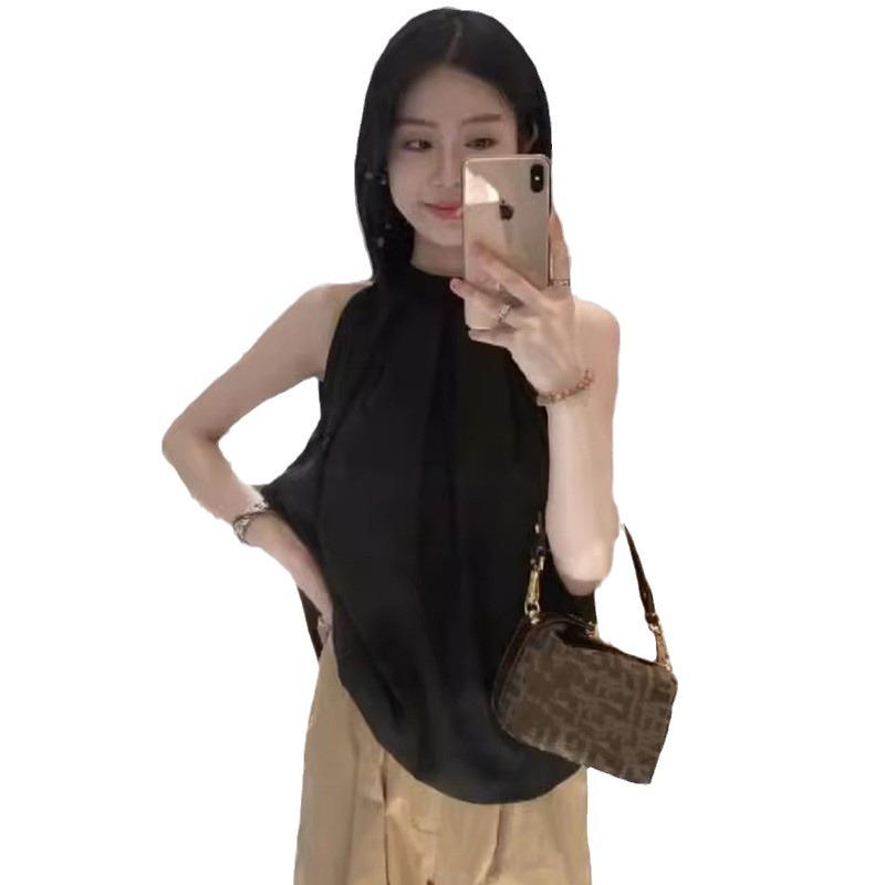 Шикарный французский синий плиссированный топ без рукавов для женщин - модный летний дизайн