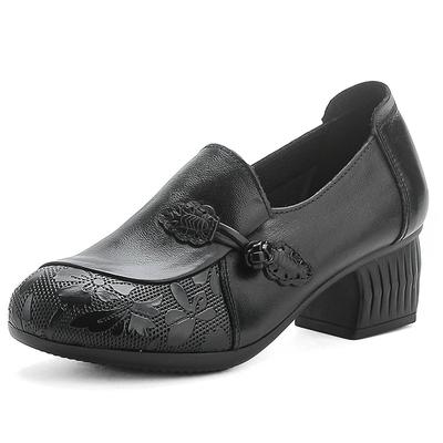 Туфли-лодочки из натуральной кожи на винтажном блочном каблуке, женские, с закрытым круглым носком, удобные, без застежек, на толстом каблуке, повседневные, для мам, для ежедневных путешествий