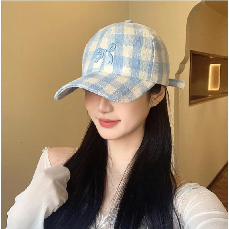 Бейсболка с вышитым бантом в клетку для женщин, корейские универсальные милые хип-хоп-шляпы с бантом, для отдыха на природе, для путешествий, пляжа, солнца