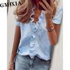 GMXIA Women's Fashion Casual Leisure Solid Color Print Short Sleeve V Neck Blouses & Shirts