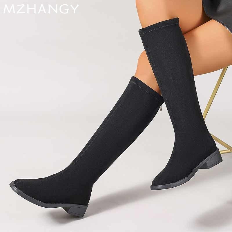 Замшевые массивные женские высокие сапоги, модные элегантные туфли на среднем каблуке для ходьбы 2024 года, зимние новые брендовые туфли-лодочки, платье Chelsea Botas Mujer