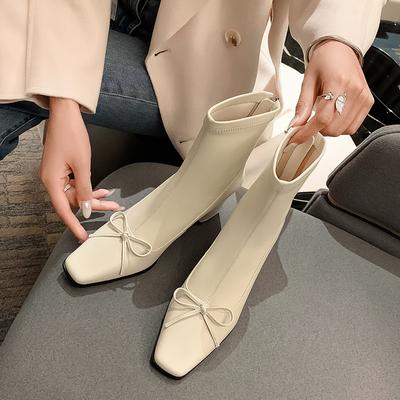 Белые короткие женские ботинки на весну и осень, одинарные ботинки с квадратным носком и бантом, корейские маленькие босоножки на высоком каблуке, эластичные тонкие ботинки