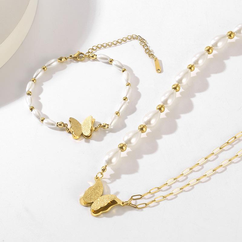 New Popular Fashion Does Not Fade Jewelry Stainless Steel 18K Gold Plated Butterfly Pearl Pendant Necklace for Women