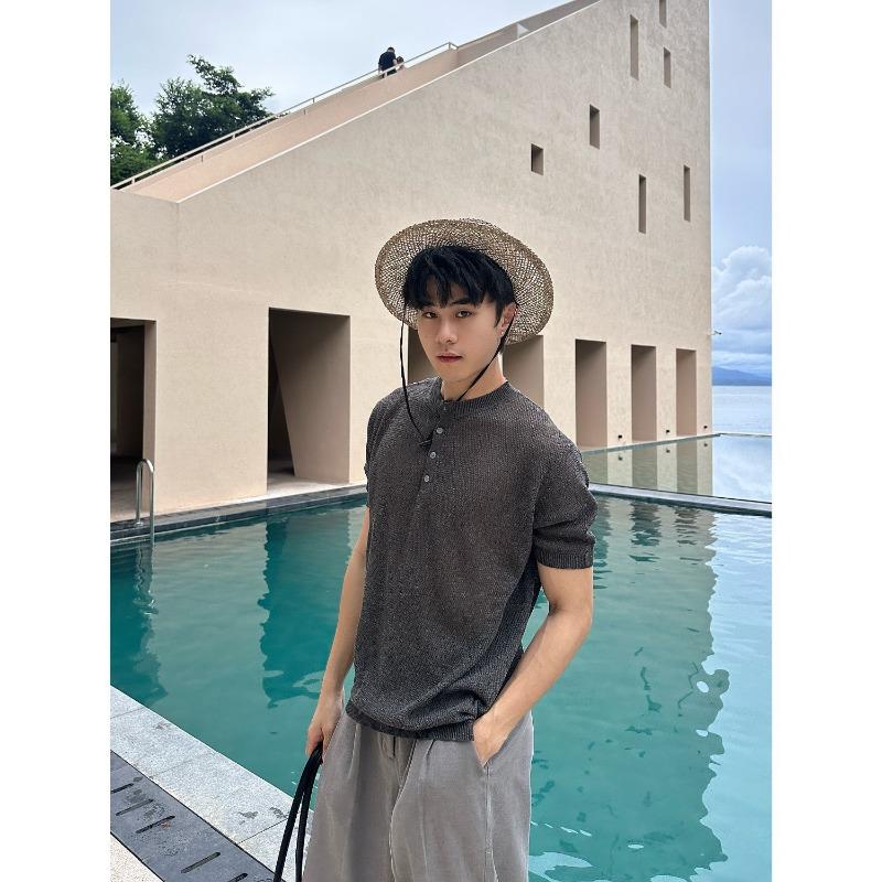 Мужская бежевая вафельная футболка-henley с воротником-стойкой, повседневная, с коротким рукавом, дышащая, сетчатая