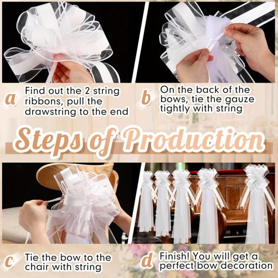 4Pcs White Wedding Pew Bows Tulle Church Aisle Wedding Chair Decorations for