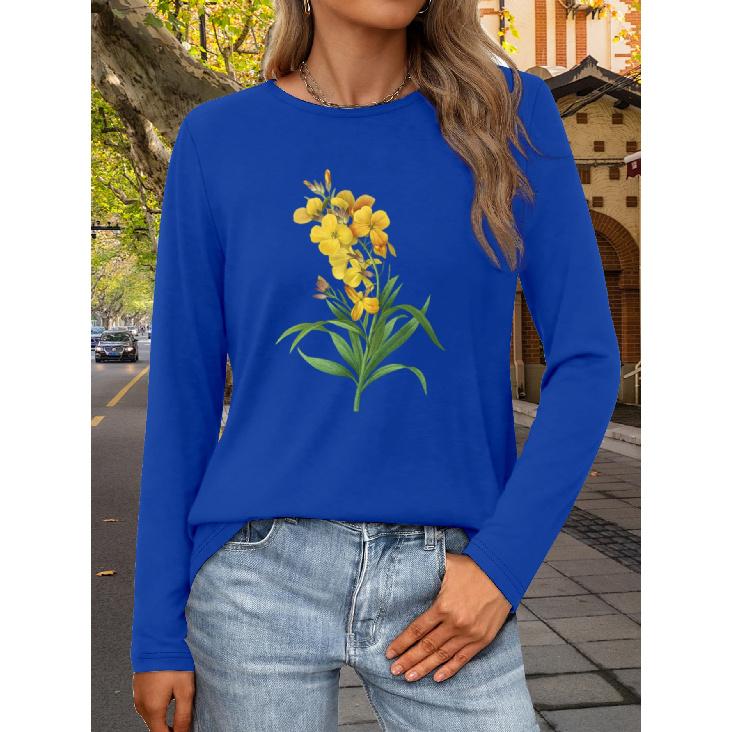 Floral pattern print T Casual long-sleeved round-neck top, fashionable all-season women's clothing, stylish, elegant, and intellectual design