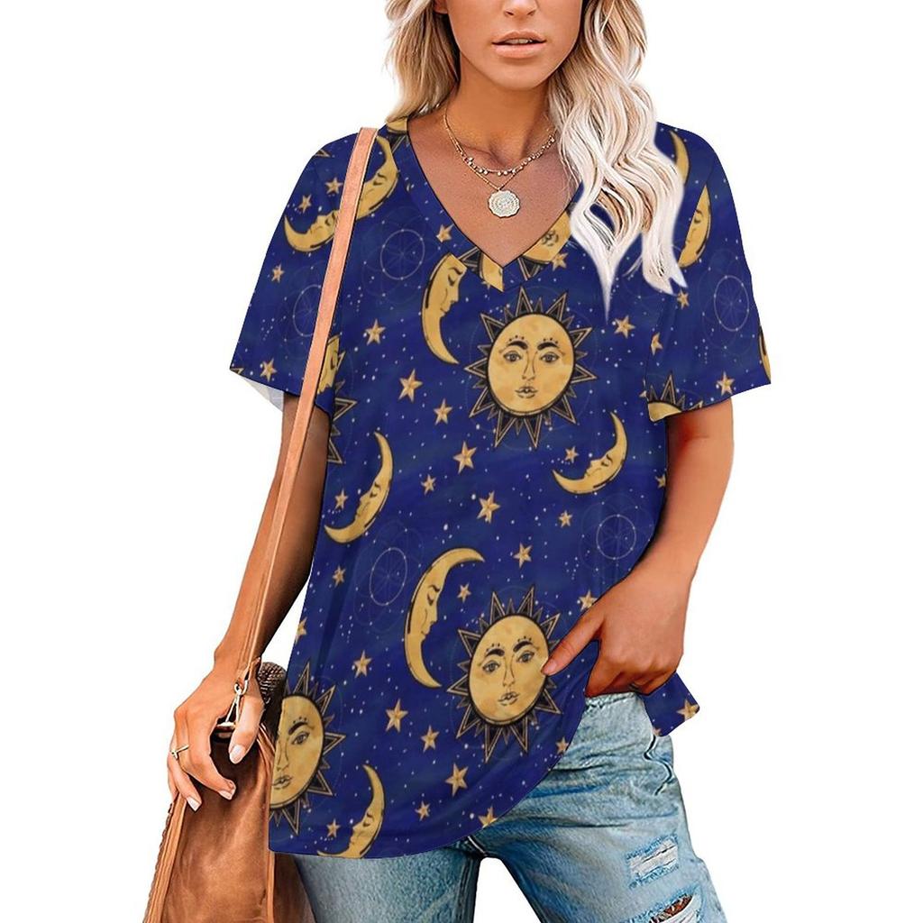 Vintage Moon T-Shirt Tarot Art Collage Retro T Shirts V Neck Short-Sleeve Printed Tshirt Women Classic Top Tees Big Size 3XL 4XL