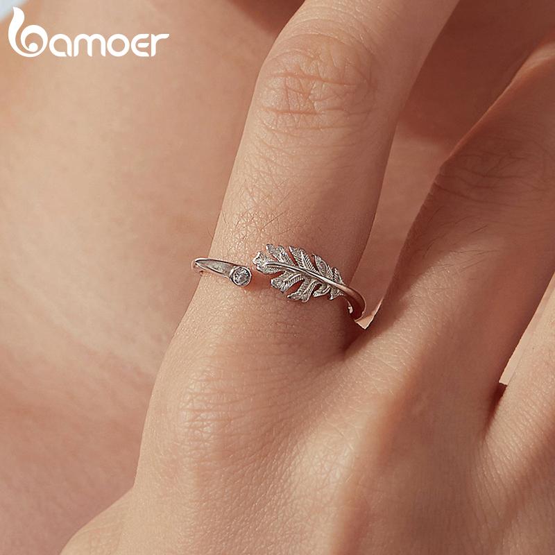 Bamoer 925 Sterling Silver Rings Autumn Leaf Open Ring CZ Plated White Gold Glossy for Women Wedding Bride Jewelry Gifts