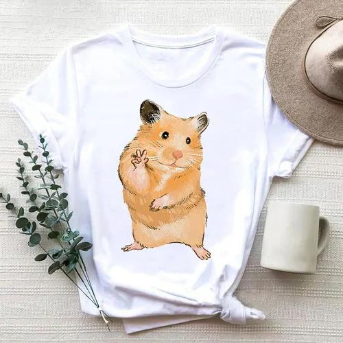 Cartoon Cute Hamster Cartoon Cute Hamster Baby Round Neck Big Size Round Neck Black T-shirt Woman Tops
