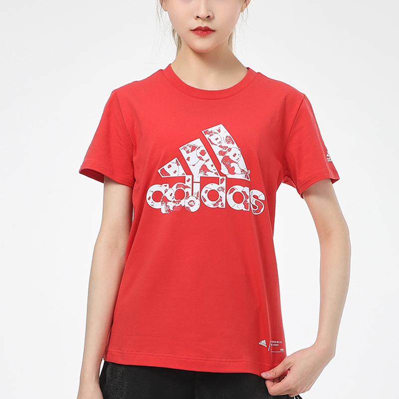 adidas Футболка с принтом панды и логотипом, модная, дышащая, удобная, повседневная, спортивная, свободная, с коротким рукавом, женская, красная, H58192