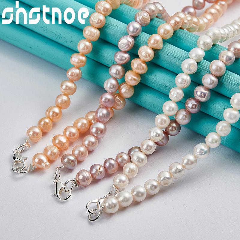 SHSTONE 925 Silver Pink White Purple Imitation Pearl 16-20 Inch String Chain Necklace For Women Party Fashion Jewelry
