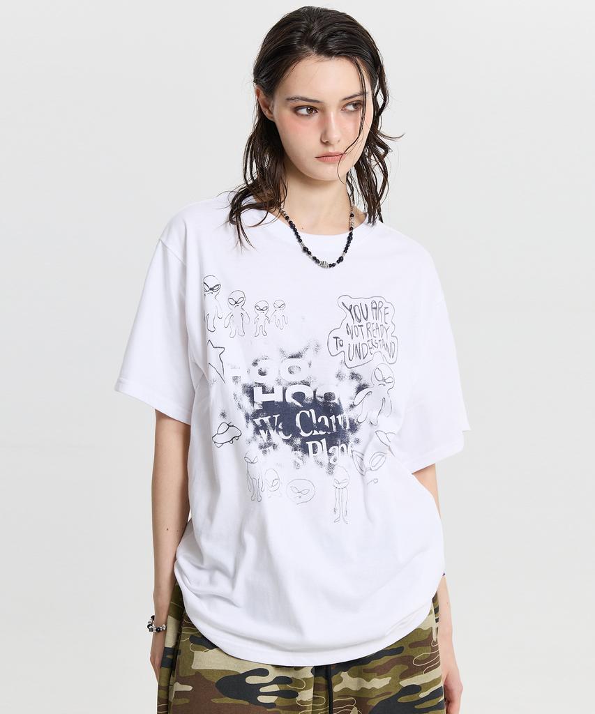 HOODHOOD Белая футболка с коротким рукавом и рисунком инопланетянина