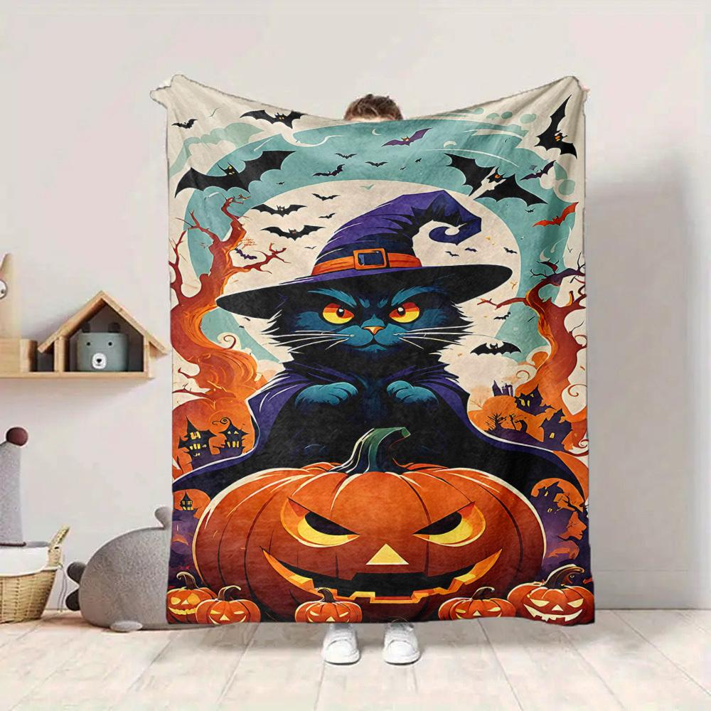 1pc Halloween Cat Blanket, Lightweight Flannel Throw Blanket for Sofa, Bed, Travel, Camping, Living Room, Office, Couch089
