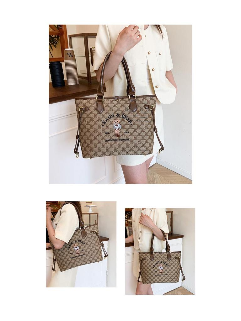 Katie Bear Retro Embroidery Color Block Large Capacity Shoulder Tote Bag 2025