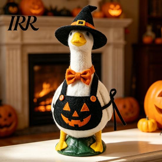Whimsical Outdoor Decoration Halloween Mini Desk Goose Statue, Cute Small Figurine with Pumpkin Decor Apron And Wizard Hat for Home Office Table