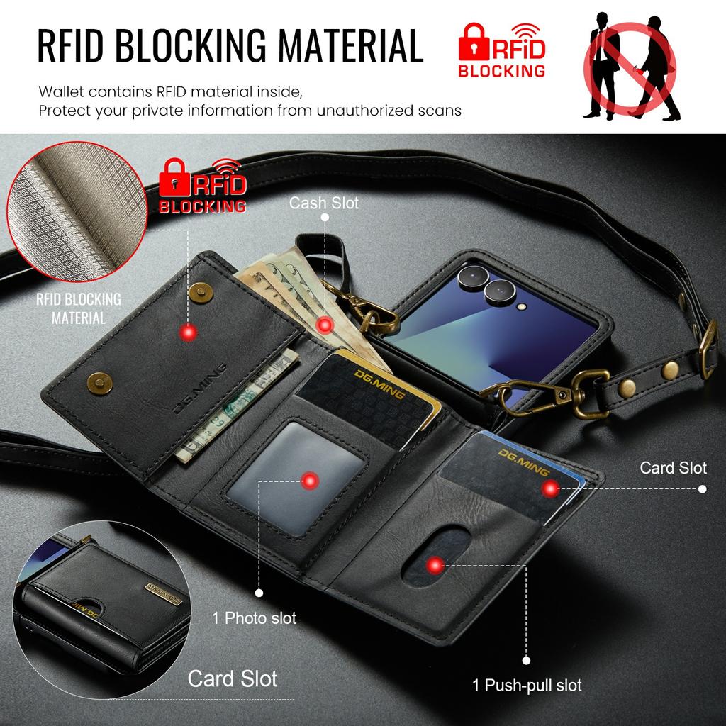 DG.MING M6 Series For Samsung Galaxy Z Flip7 5G Foldable Case PU+PC Phone Cover with Wallet/Shoulder Strap
