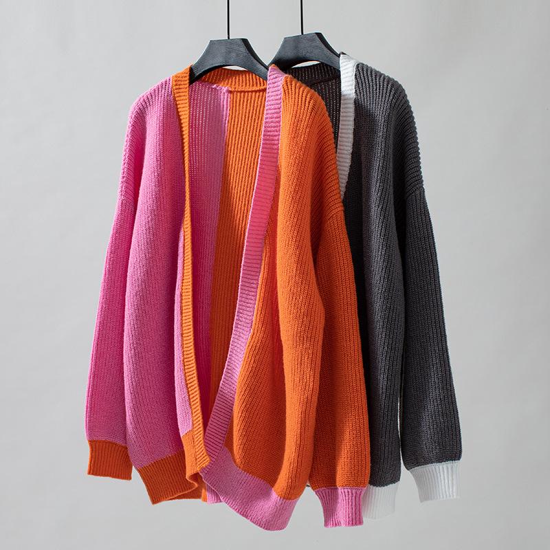 Осень-зима Винтажный свободный топ с длинными рукавами Многоцветный кардиган Трикотаж Свитер с V-образным вырезом