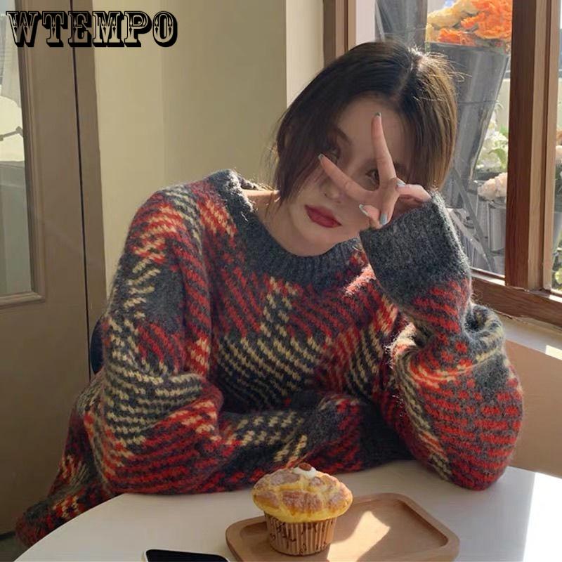 WTEMPO Мягкие женские осенне-зимние новые клетчатые ретро-свитера Y2K Loose Lazy High-end Sense of Temperament