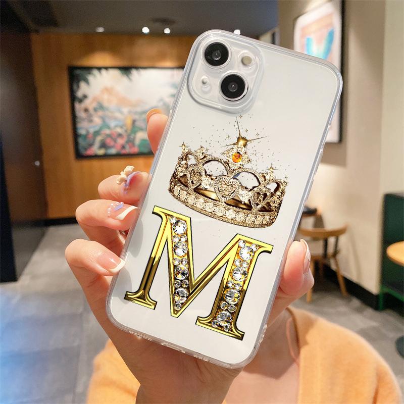 Для iPhone 15 16 14 13 12 mini 11 Pro Max XS X XR SE 7 8 Plus Силиконовый Прозрачный Чехол Алмазная Корона Буква 26 Букв Чехол для Телефона