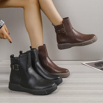 Женские винтажные ботильоны, повседневные женские ботильоны с круглым носком, короткие ботинки на платформе с боковой молнией, мотоциклетные ботинки без шнуровки из искусственной кожи