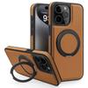 For iPhone 15 Pro Case with Ring Kickstand Compatible with MagSafe PU Leather Back Cover