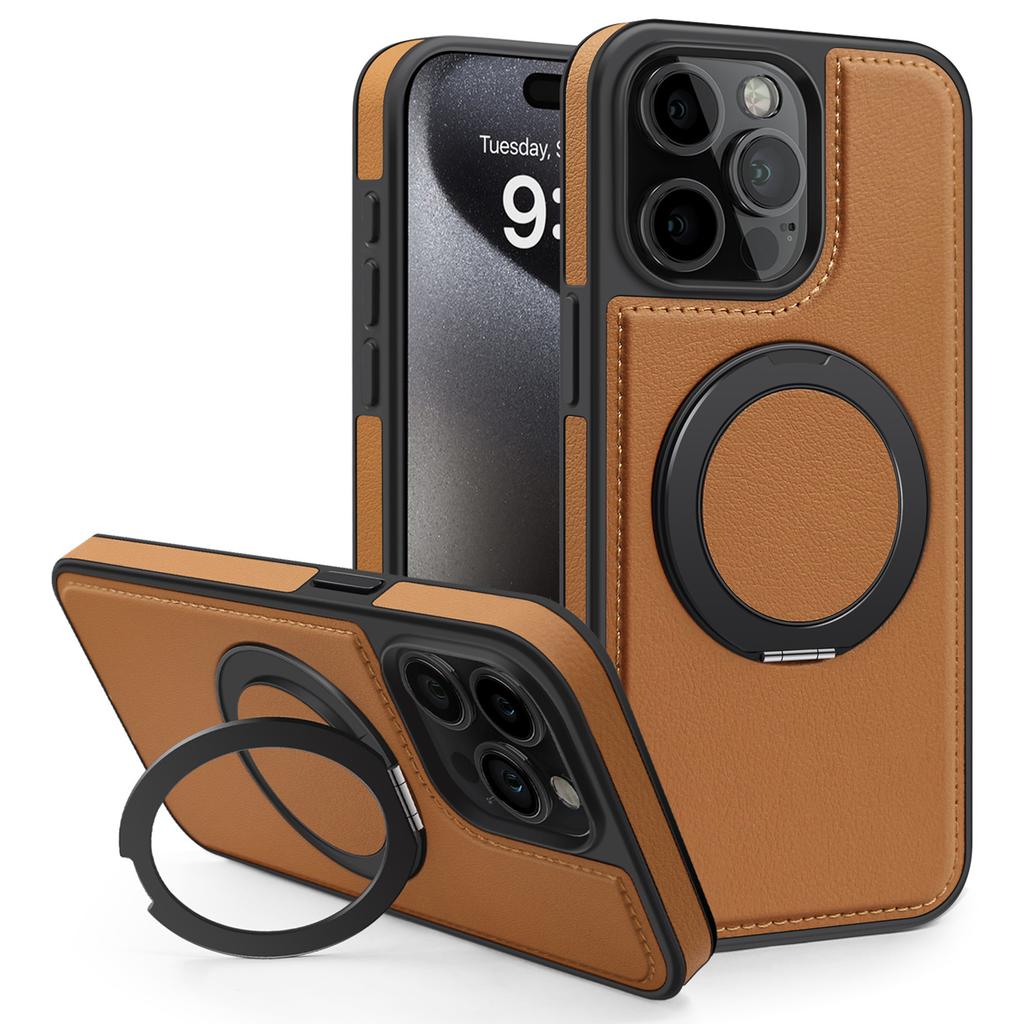 For iPhone 15 Pro Case with Ring Kickstand Compatible with MagSafe PU Leather Back Cover