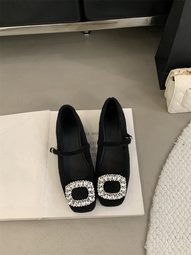 French Retro Square Head Shallow Mouth Single Shoes Spring New Rhinestone Evening Breeze Temperament Fairy Thick Heel Mary Jane Shoes