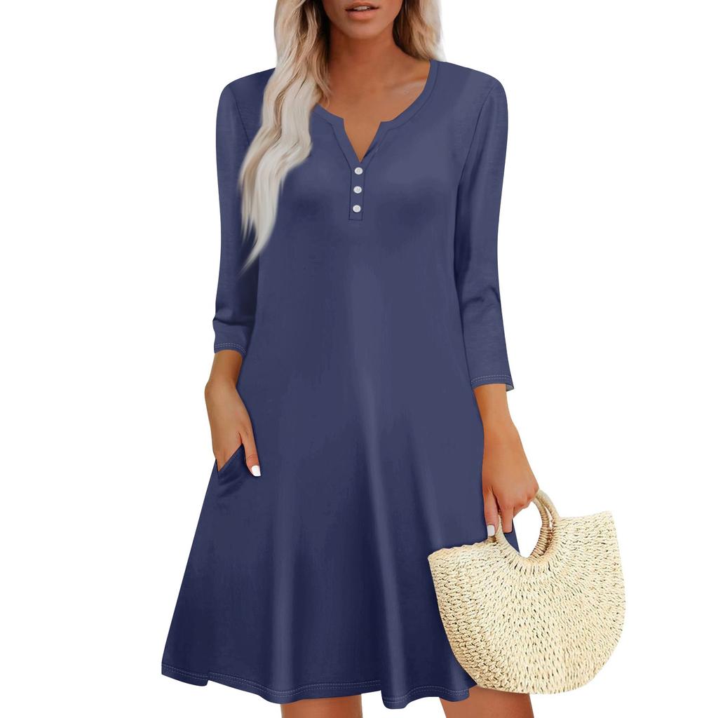 Women's Summer Dress Loose V Neck Three-quarter Sleeve Sundress With Pockets Dress