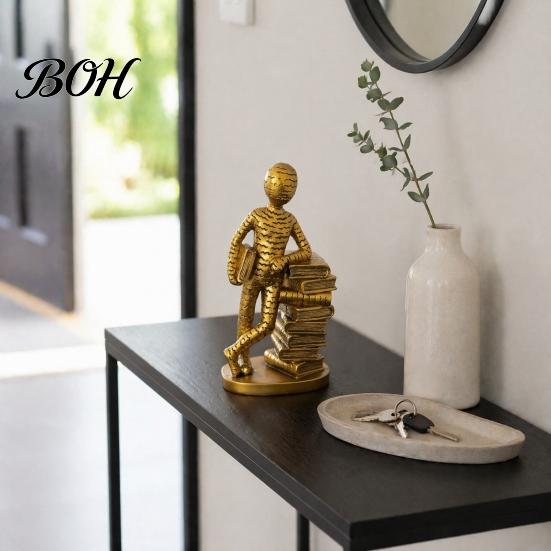 Light Luxury Decorative Figures Resin Book Lover Statue, Reader Sculpture Leaning on Stacked Book, Durable Craft for Home Decoration Abstract