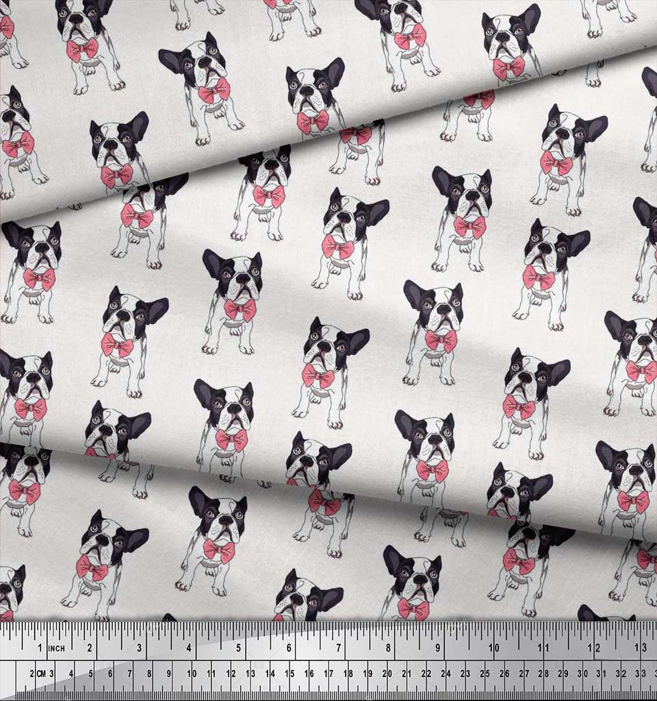 Soimoi Japan Crepe Satin Fabric Bow & Boston Terrier Dog Print Fabric by the Metre 42 Inch