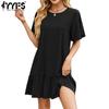 Женская мода лето весна однотонный принт с коротким рукавом и круглым вырезом свободная талия повседневные платья