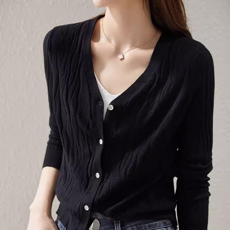 Cardigan Jacket Spring and Autumn Women's Solid Color Long-sleeved Sweater V-neck Knitwear