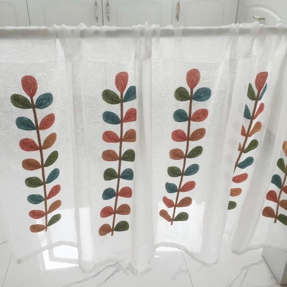Embroidered Leaves Shower Curtains Four Color Short Curtains Home Decoration Voile Drapes Cafe