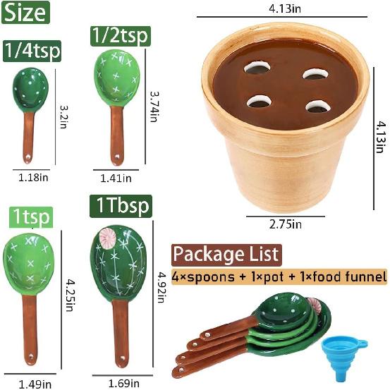 Cactus Measuring Spoons Set in Pot Unique Measuring Cups and Spoons for Coffee Salt Sugar Novelty Cute Baking Gifts Dishwasher Safe Ceramic Measuring
