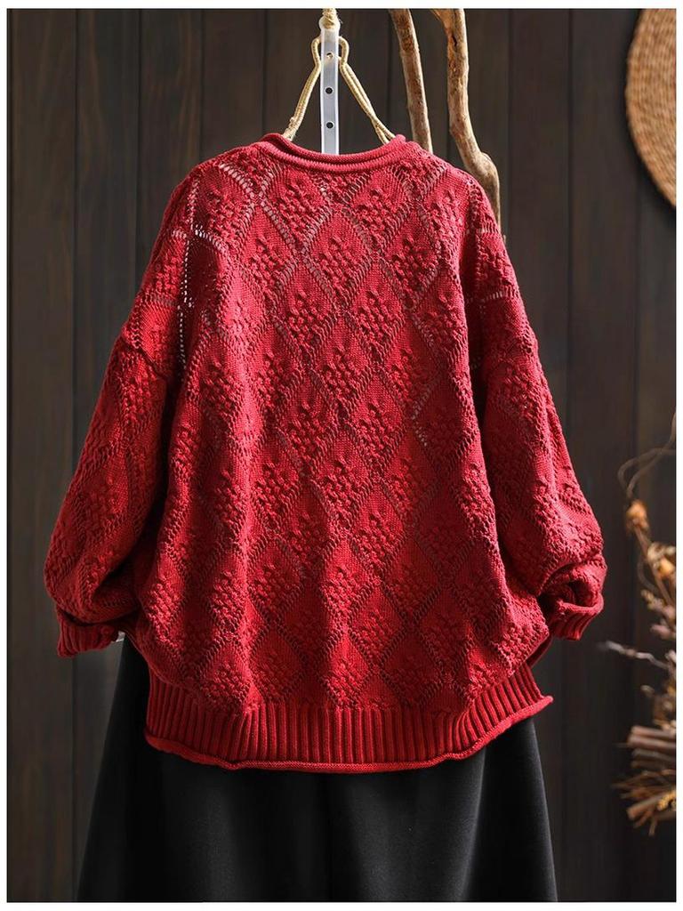 2025 Fall Diamond Hollow Round Neck Knitted Cardigan - Loose, Casual Long Sleeve Sweater