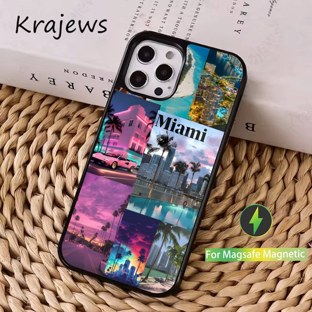 Летний Арт Майами Флорида Чехол для Телефона Для iPhone 16,15,14,17,13,12,11,Pro,Max,Plus,Mini, Magsafe,Магнитный Беспроводной Зарядный Чехол