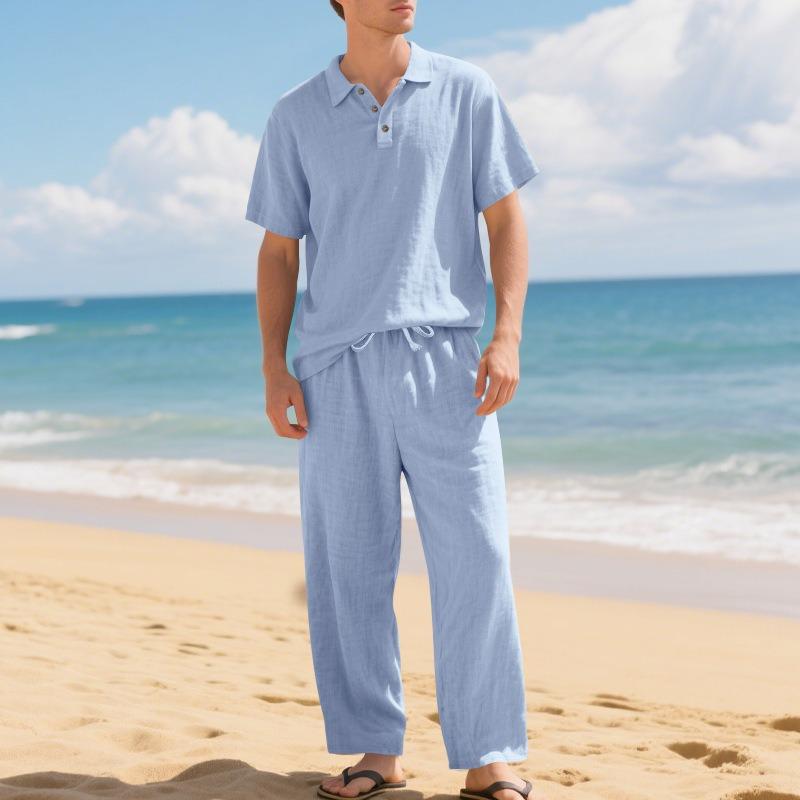 IHUASU Men's Fashion Casual Summer Spring Short Sleeve POLO Neck Pants Suits Elegant