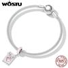 WOSTU 925 Sterling Silver Tarot Cards Lovers Charm Pendant for Women Pink Enamel Heart Lovebirds Charm Fit Original DIY Bracelet Jewelry