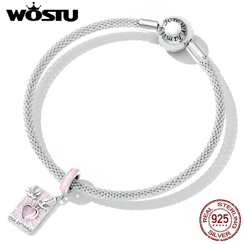 WOSTU 925 Sterling Silver Tarot Cards Lovers Charm Pendant for Women Pink Enamel Heart Lovebirds Charm Fit Original DIY Bracelet Jewelry