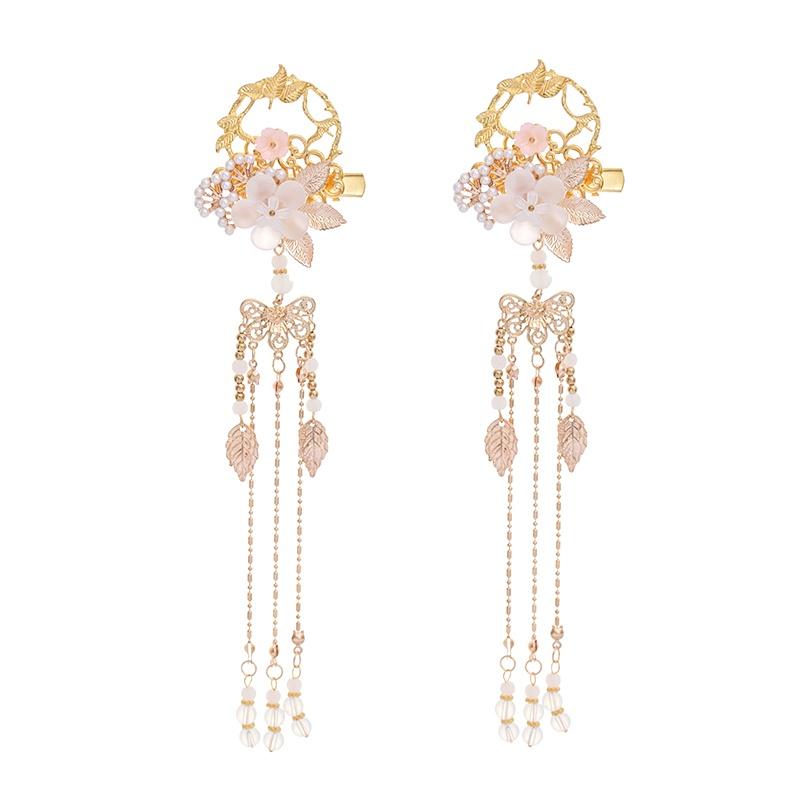 1 пара длинных кулон-кисточка в виде цветка и листа, китайские шпильки для волос в стиле ханьфу для женщин и девочек, свадебные украшения для волос